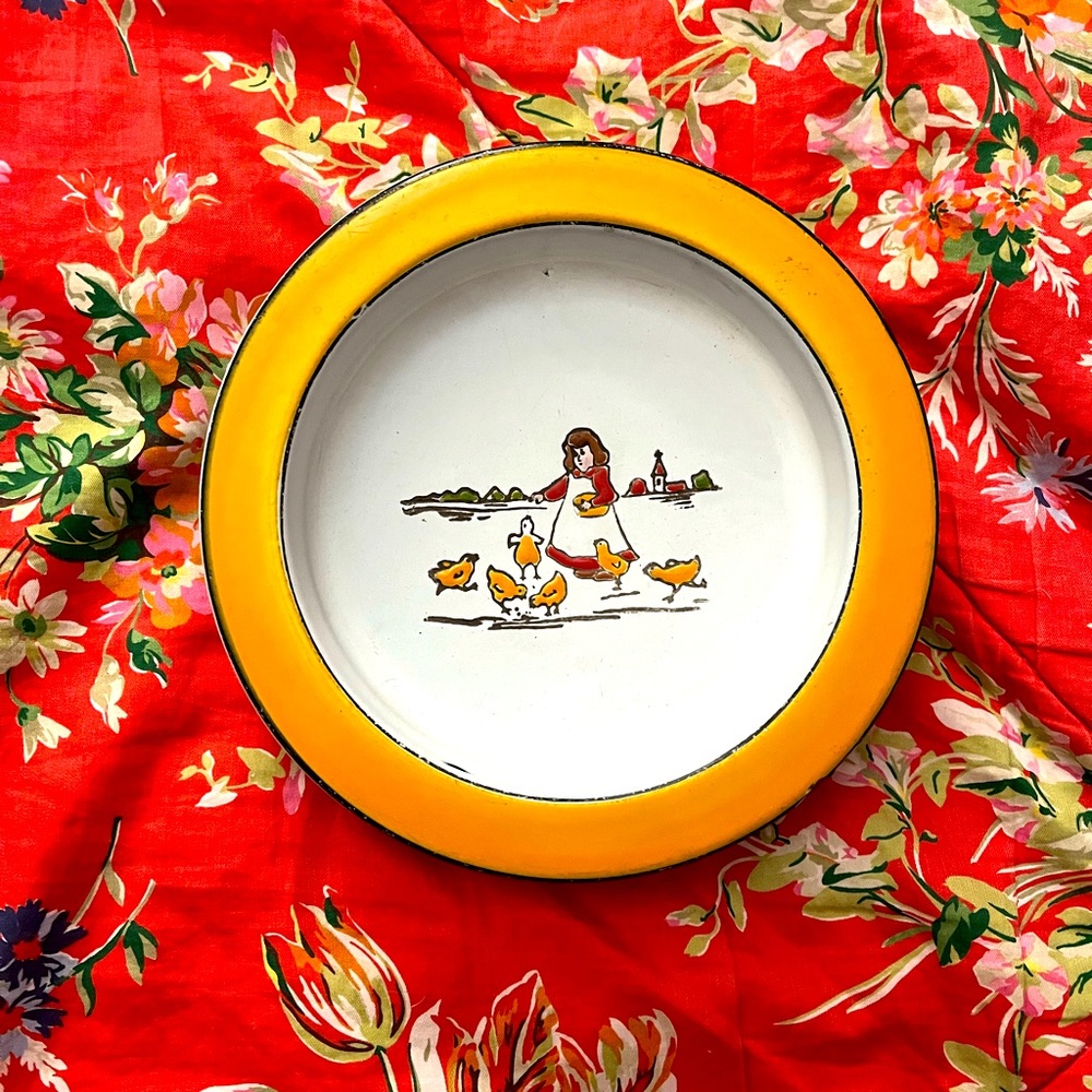 Antique German Children’s Dish Enamelware Graniteware 20s 30s Chickens Country